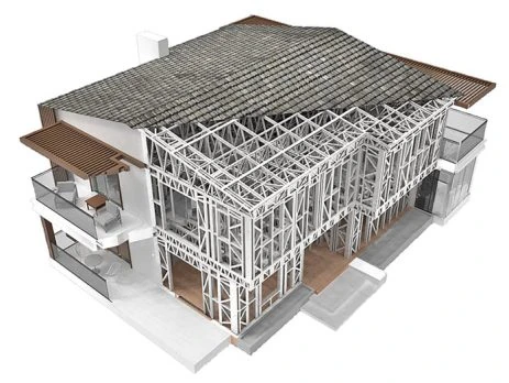 Architectural rendering of light gauge steel framing within a two-story house