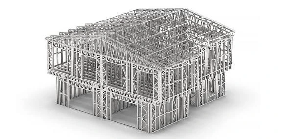 Illustration of an assembled light gauge steel structural frame with studs and roof trusses
