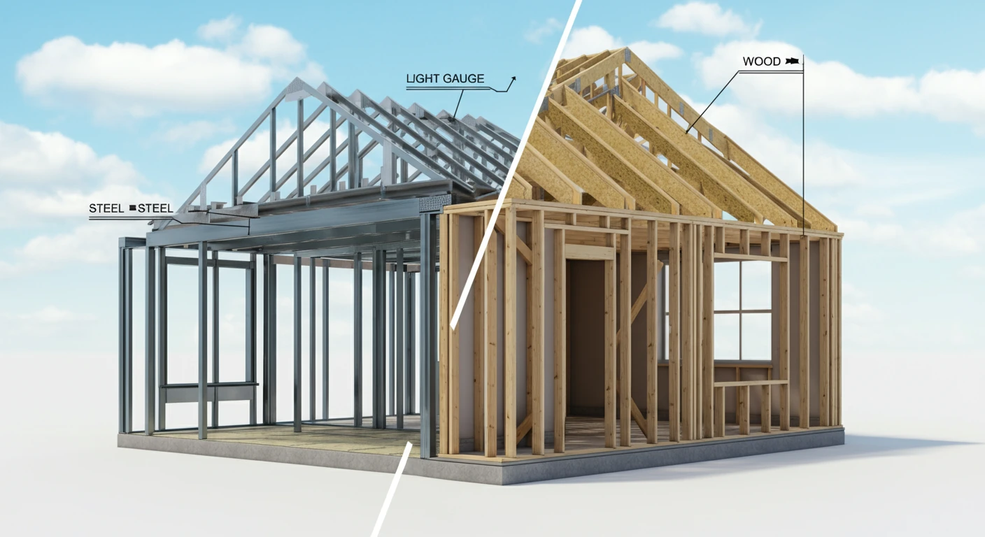 Conceptual visual comparison of light gauge steel framing and conventional wood framing